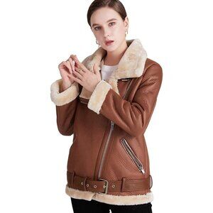 Women Brown Faux Shearling Moto Jacket Thick Lined Winter Leather Coat
